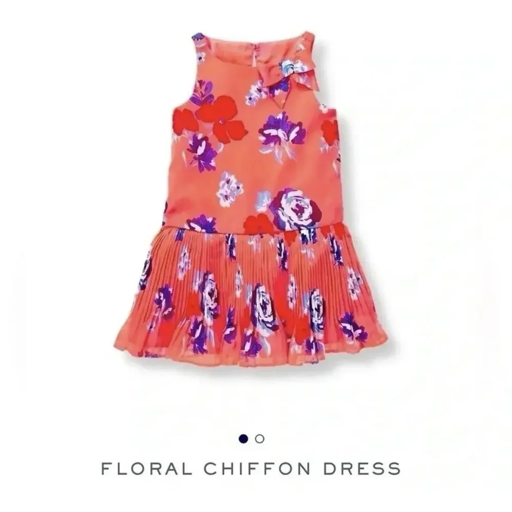 Janie And Jack Girl Vivid Coral Floral Print Chiffon Pleated Sleeveless Dress 6